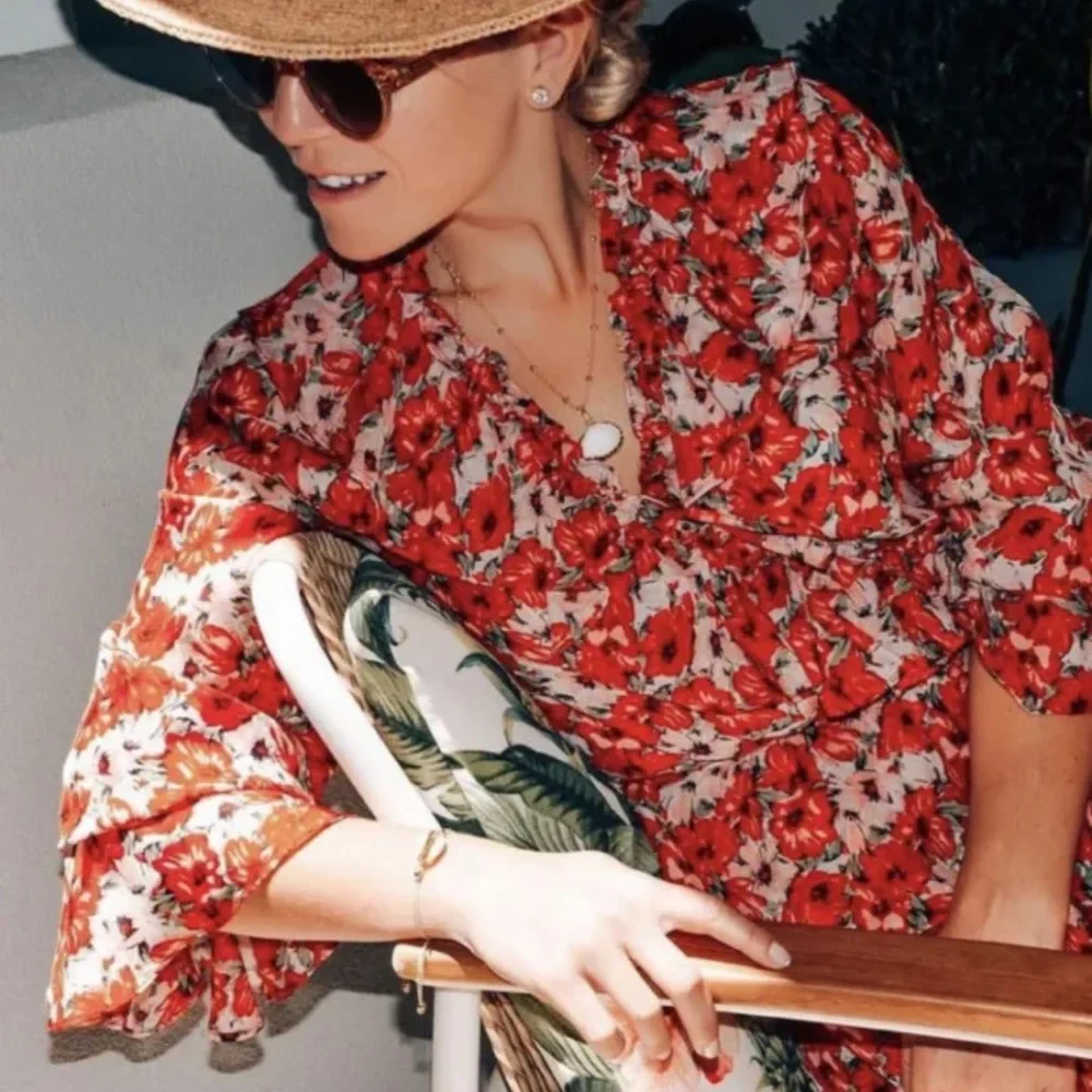 RIXO Silk Floral Long Sleeve Wrap Blouse